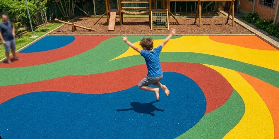 Criança brincando ao ar livre em piso de playground seguro